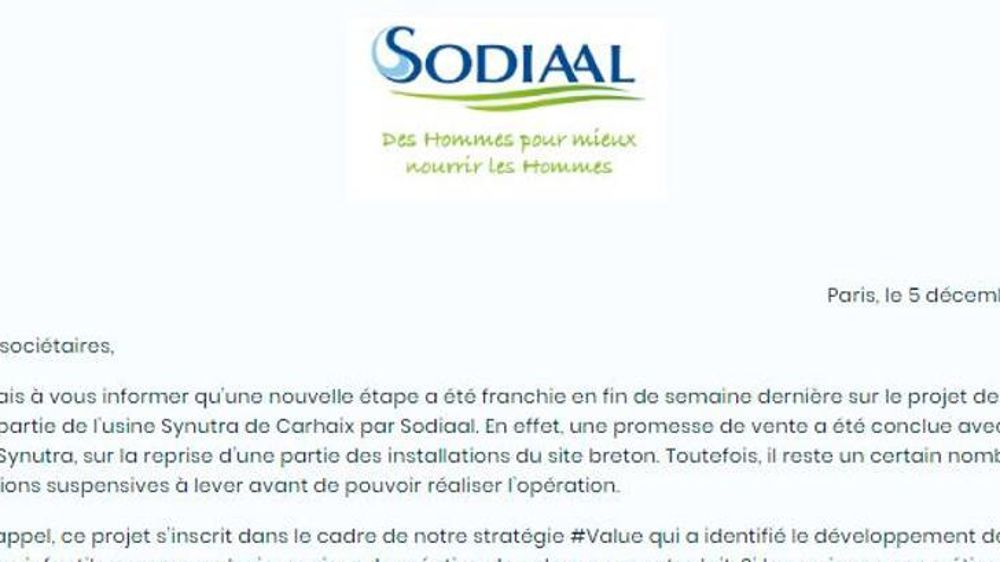 Damien Lacombe, le président de Sodiaal, a écrit aux adhérents de la coopérative, pour les informer de la signature avec Synutra d’une promesse de vente pour le rachat de l’activité de séchage de l’usine de Carhaix, dans le Finistère.